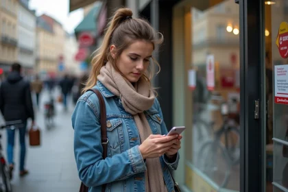 Femme urbaine en denim vérifiant son smartphone dans la rue
