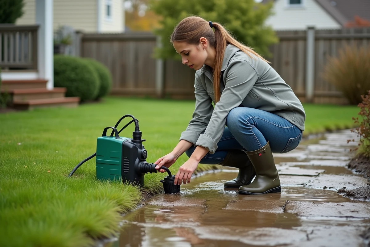 Jeune femme inspecte une pompe de jardin dans une cour inondée