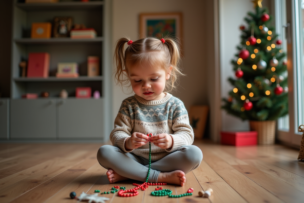 Jeune fille faisant des bijoux de Noël à la maison
