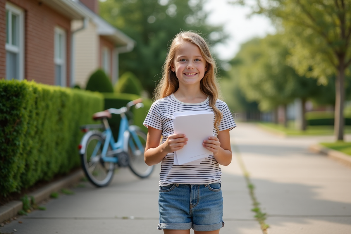 Fille de 12 ans souriante distribue des flyers dans la rue
