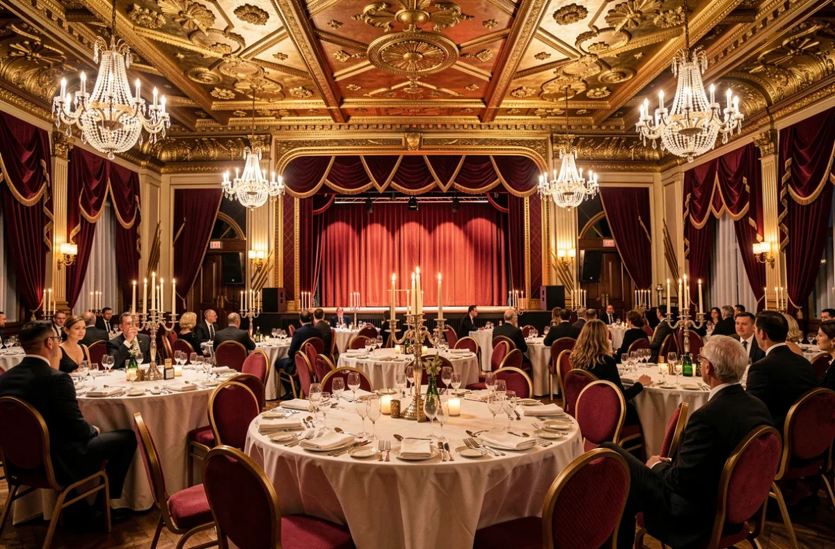 Intérieur de la salle de réception Le Florida Palace, décor Art Déco somptueux avec lustres en cristal, draperies en velours rouge et tables de gala