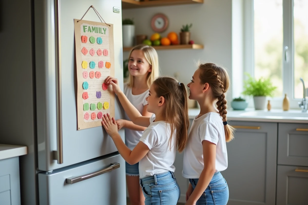 Trois enfants affichant un tableau de tâches familial