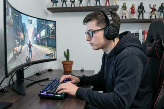 Gamer concentré devant son setup PC avec clavier mécanique RGB et moniteur ultrawide lors des soldes Cyber Monday