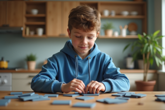 Garçon de 12 ans en hoodie bleu assemble des petits objets