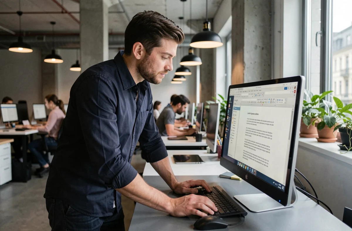 Homme consultant un document Google Docs avec du texte Lorem Ipsum sur un grand écran dans un espace de coworking contemporain