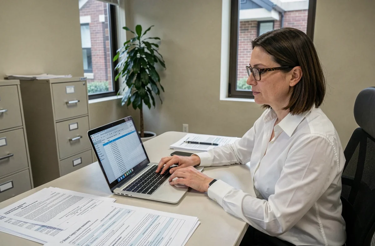 Greffière consultant des feuilles de calcul de remises de peine dans un bureau administratif gouvernemental