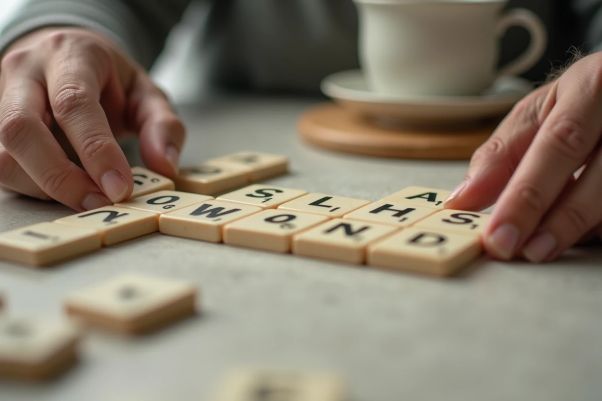 Gros plan sur des lettres de Scrabble disposées en mot stratégique sur le plateau avec les mains d'un joueur