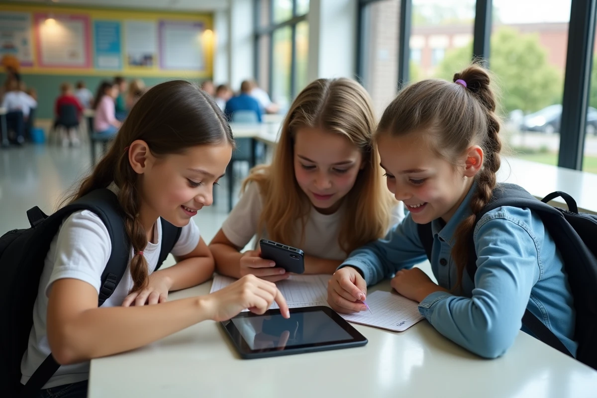Groupe d'adolescents discutant de la cancel culture autour d'une tablette dans une cafétéria scolaire