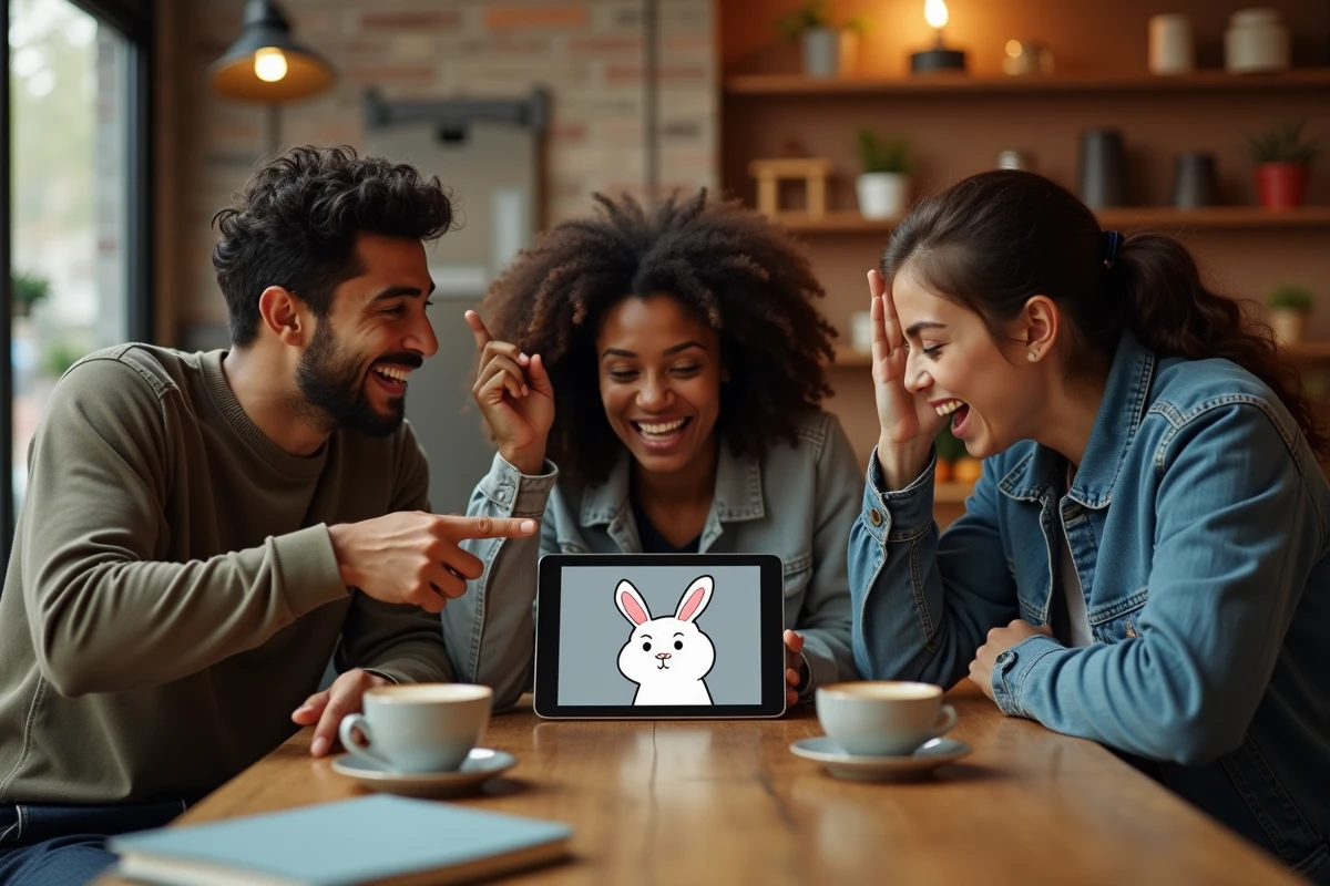 Groupe d'amis dans un café réagissant ensemble à un mème du lapin d'Alice au Pays des merveilles sur une tablette, illustrant le partage viral de contenu humoristique sur les réseaux sociaux