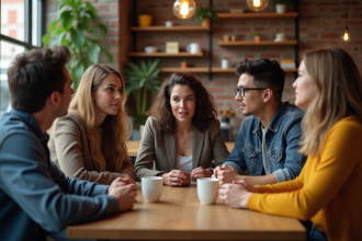 Groupe divers d'adultes en discussion dans un café urbain