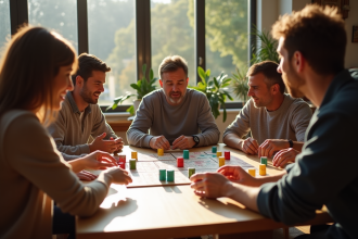 Groupe diversifié jouant au Rummikub dans un salon lumineux