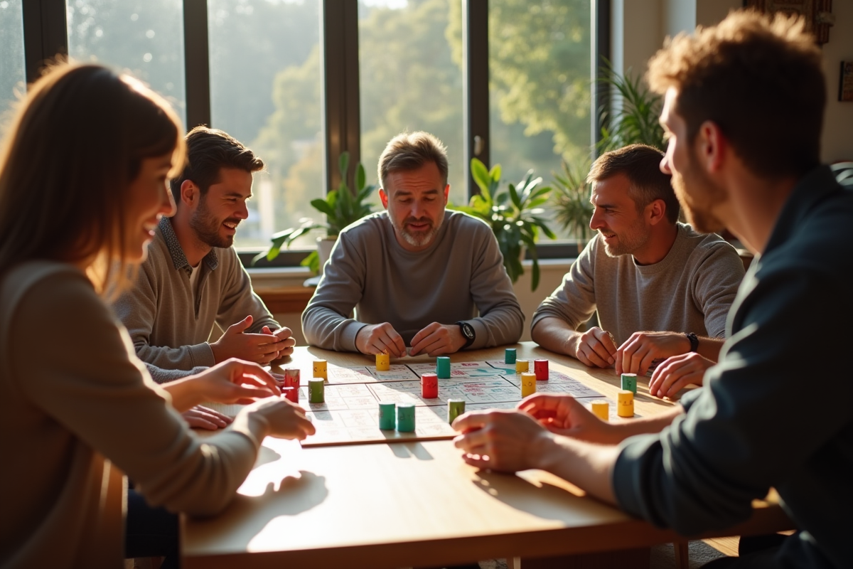 Groupe diversifié jouant au Rummikub dans un salon lumineux