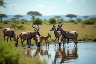 Groupe de kudus au point d'eau en Afrique avec feuillage