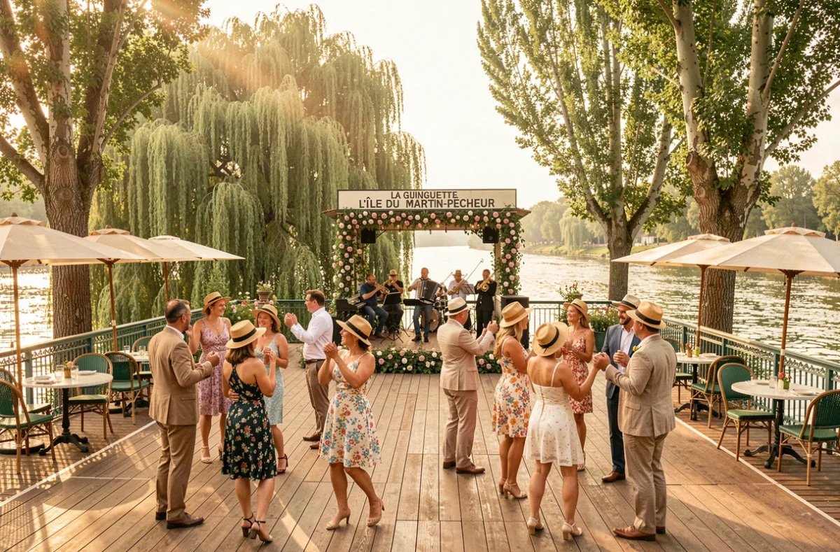 Piste de danse en plein air de la Guinguette de l'Île du Martin-Pêcheur à Champigny-sur-Marne avec orchestre et danseurs sous les saules