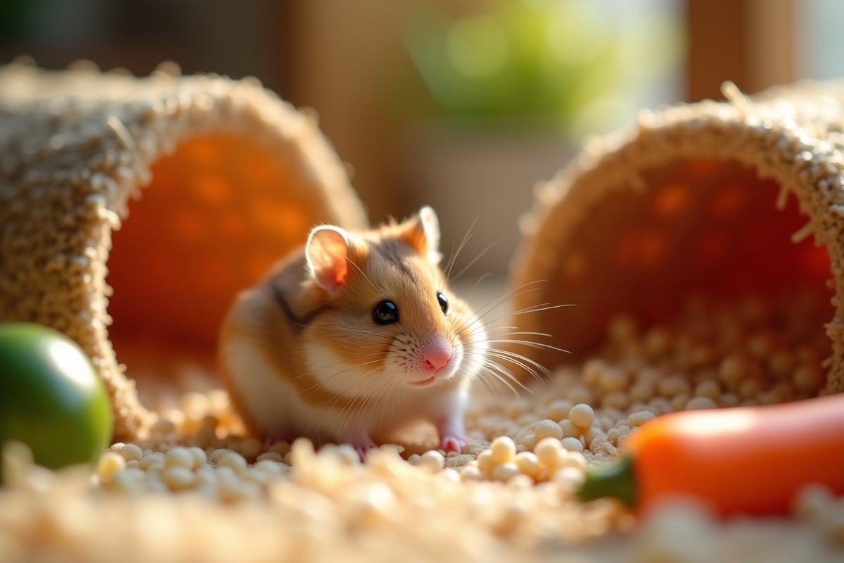 Habitat de hamster russe avec tunnels et légumes frais