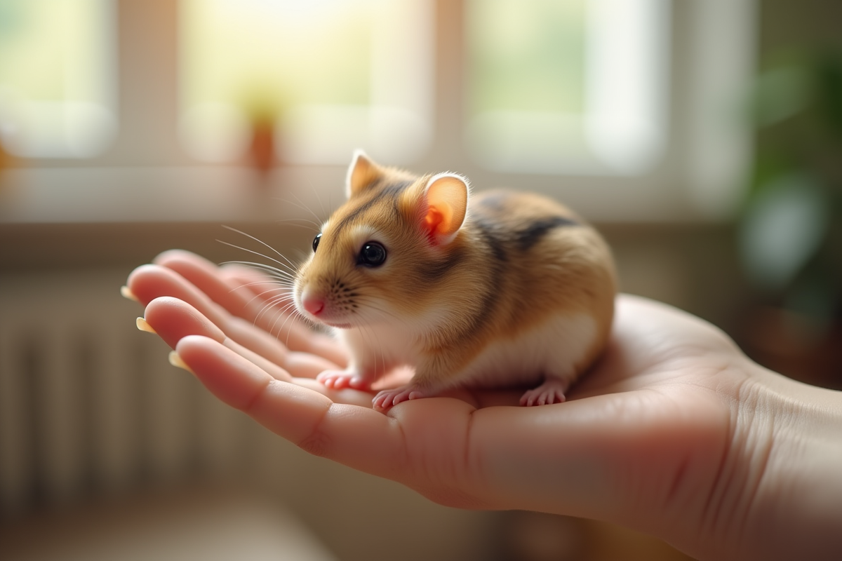 Hamster russe sur la main dans un intérieur lumineux