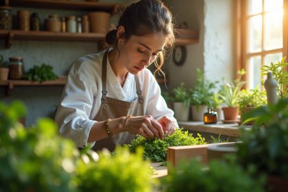 Herboriste préparant des plantes médicinales fraîches dans une apotheque lumineuse