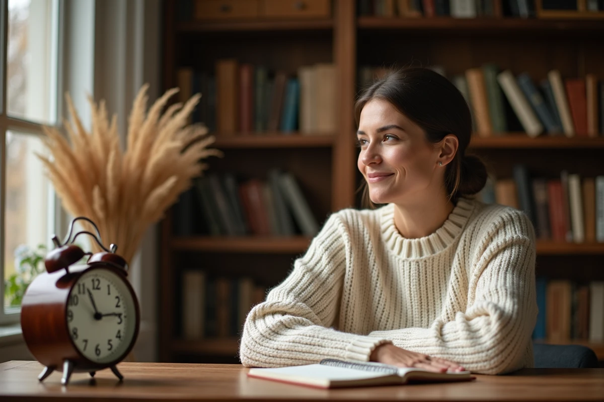 Femme contemplative regardant une horloge analogique affichant 13h31 dans un bureau cosy, symbolisant les heures miroirs et les messages de l'univers