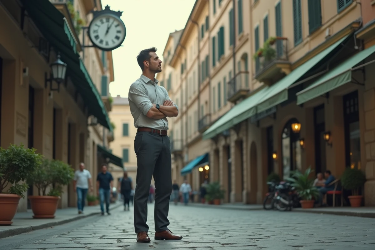 Homme en rue pavée européenne observant une horloge publique affichant 13h31, illustrant la synchronicité et le message de l'univers dans la vie quotidienne
