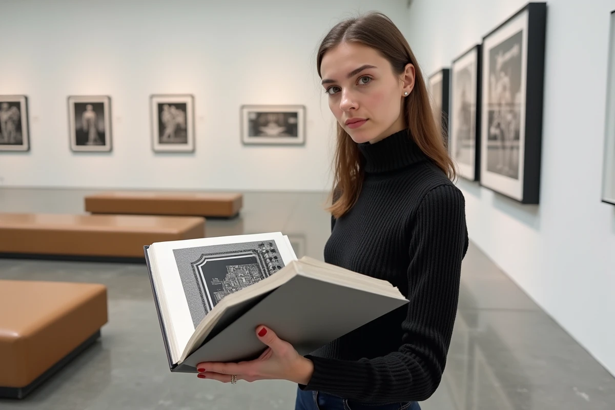 Historienne de l'art étudiant un livre sur les lithographies impossibles d'Escher dans une galerie d'art contemporaine