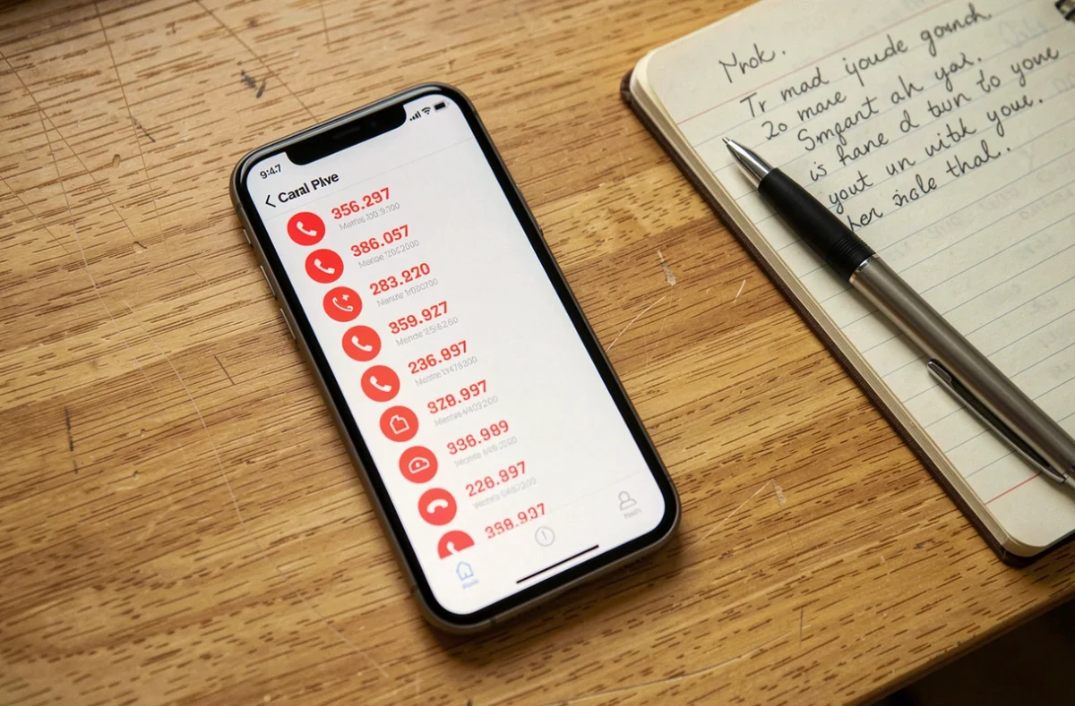Gros plan d'un journal d'appels téléphoniques répétés affiché sur smartphone avec notes manuscrites sur un bureau en bois