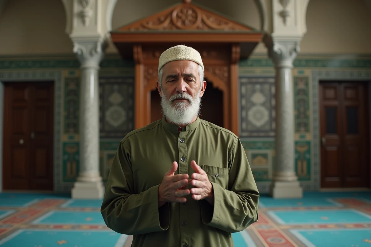Homme âgé récitant la dua Istikhara de mémoire dans une mosquée, mains levées en supplication