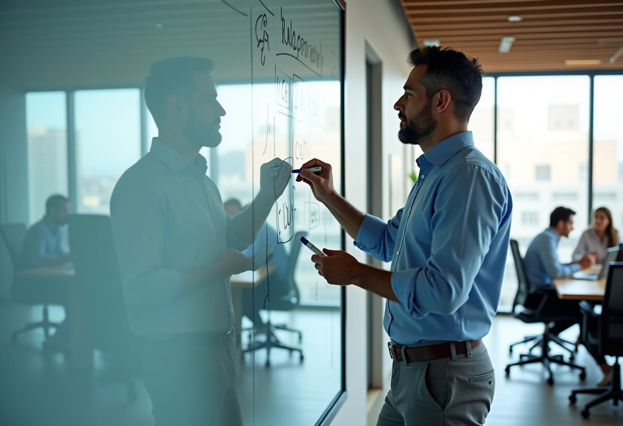 Homme en business casual marquant une date sur un tableau blanc