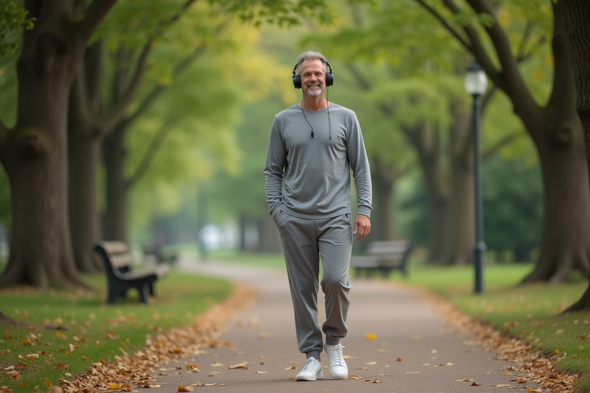 Homme marchant dans un parc en écoutant de la musique