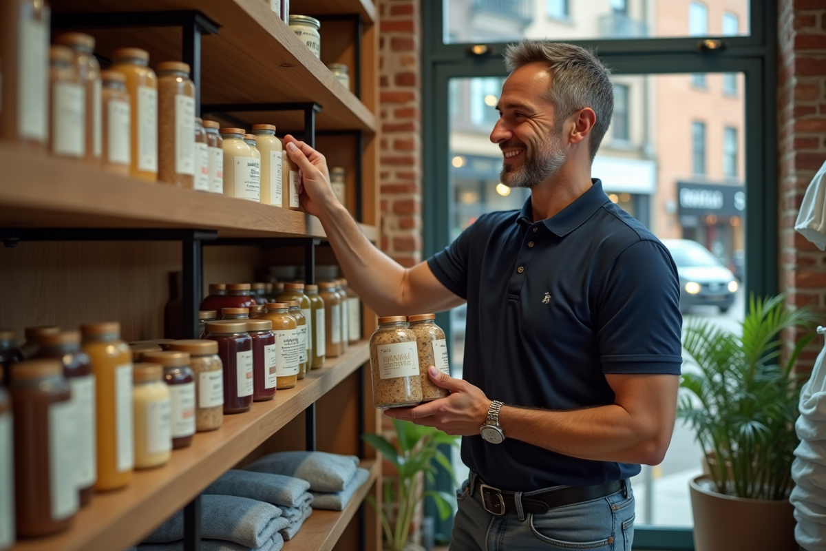 Homme arrangeant produits écologiques en boutique
