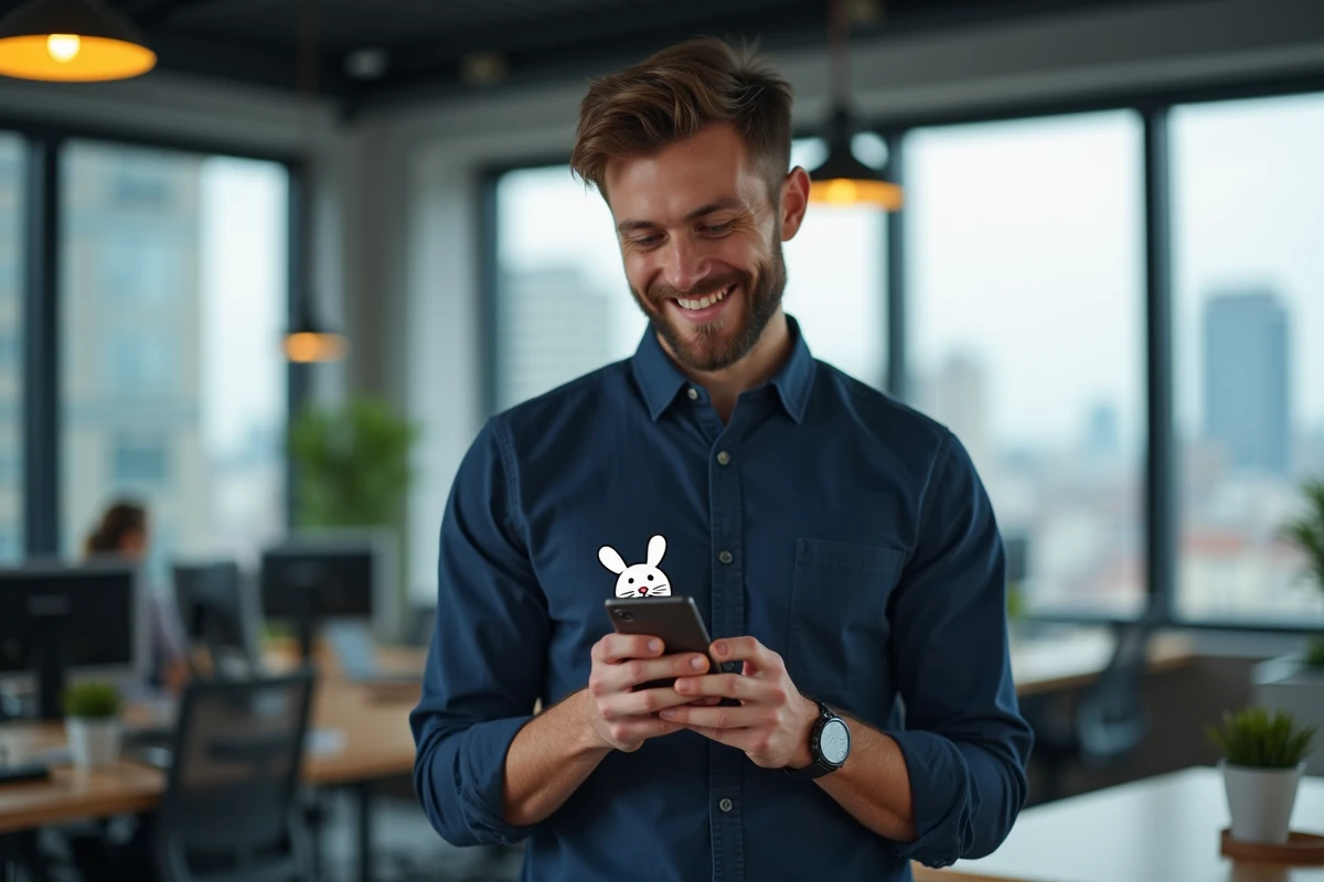 Homme en bureau moderne tenant un smartphone affichant un mème du lapin blanc d'Alice au Pays des merveilles pour illustrer son usage professionnel sur les réseaux sociaux