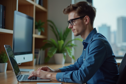 Jeune homme au bureau à la maison avec ordinateur portable