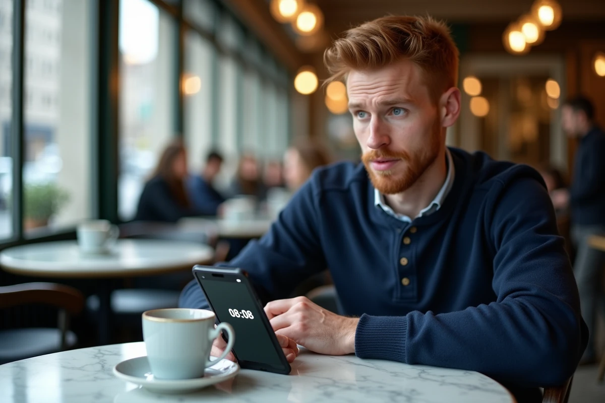 Homme dans un café parisien remarquant 08h08 sur son smartphone, illustrant la signification de l'heure miroir du matin
