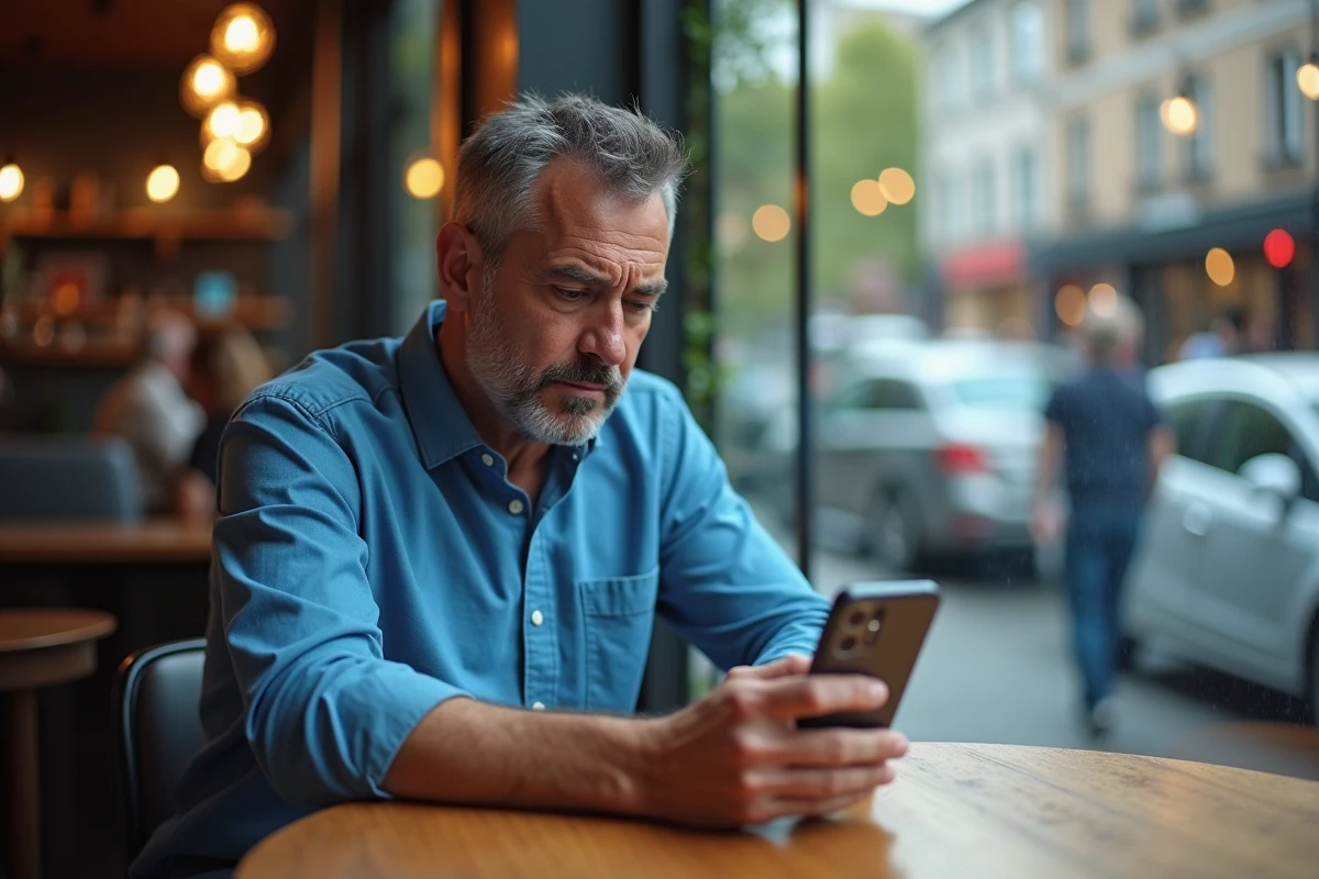 Homme sérieux utilisant son smartphone dans un café urbain