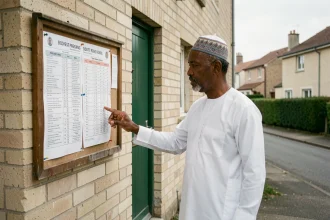 Homme consultant les horaires de prière affichés à l'entrée d'une mosquée de Mons-en-Barœul