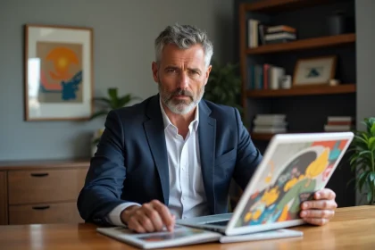 Homme d'âge moyen en blazer regardant un catalogue d'art