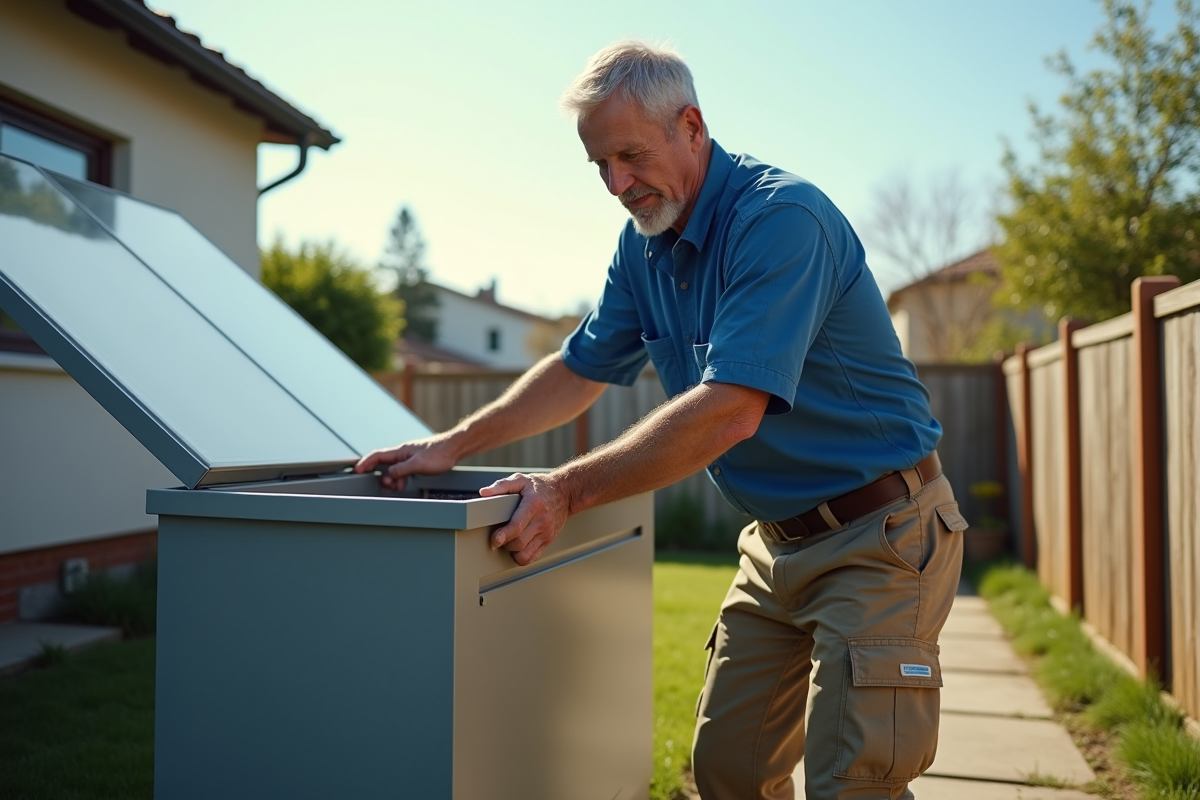 Homme en extérieur ouvre un coffret de batterie solaire dans un jardin