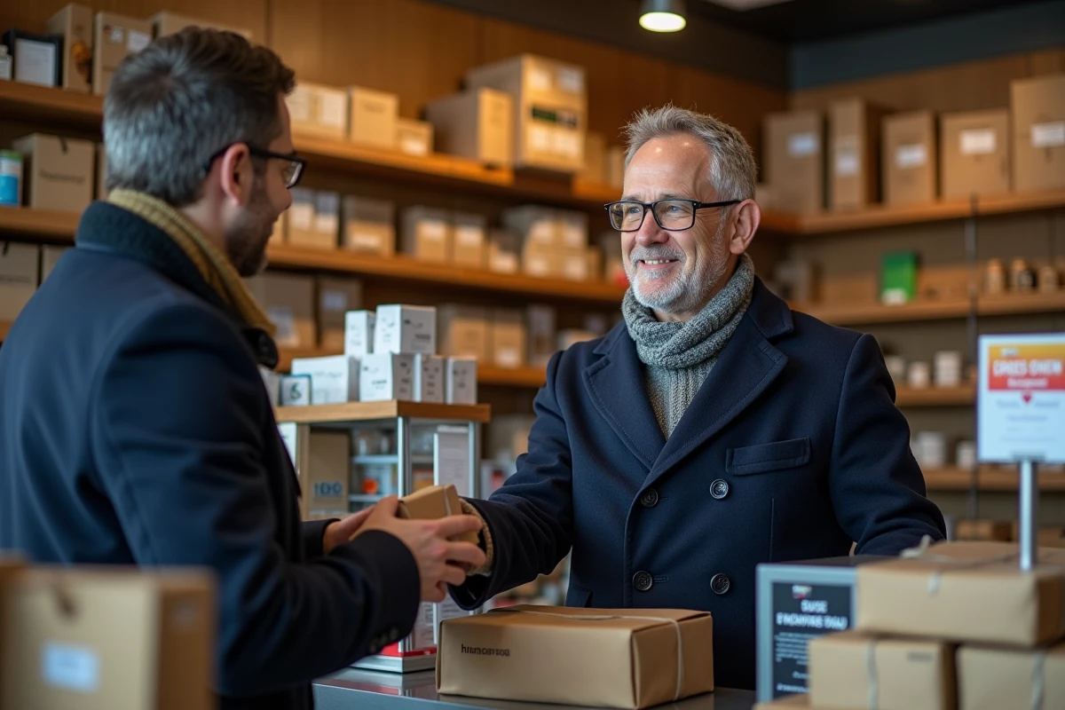 Homme livrant un colis dans une épicerie de quartier