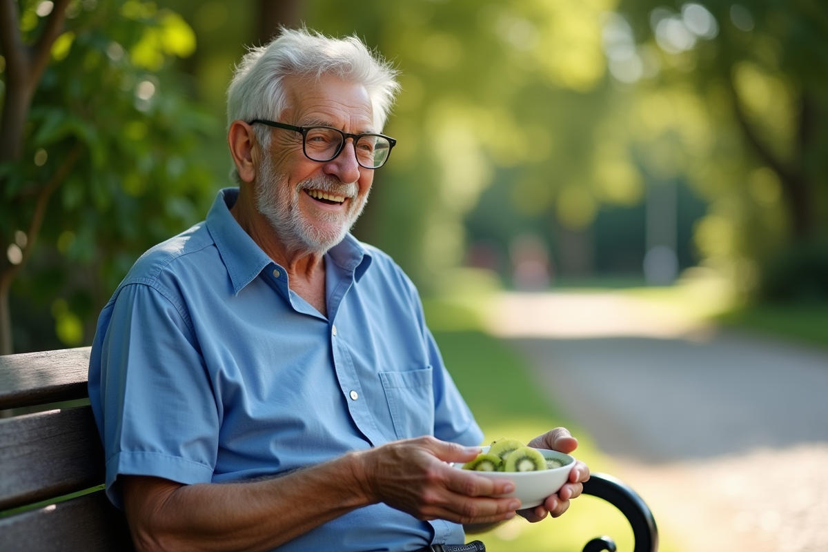 Homme âgé dégustant un kiwi en plein air dans un parc