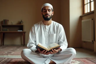 Homme musulman récitant la dua Istikhara en lisant un livret de prières en arabe sur un tapis de prière