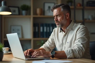 Homme d'âge moyen examine un site frauduleux sur son ordinateur