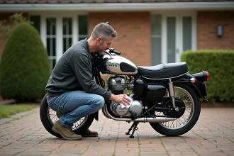 Homme moyenâgeux polissant une moto Dax dans la cour