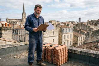 Homme en overalls sur un toit à Bordeaux