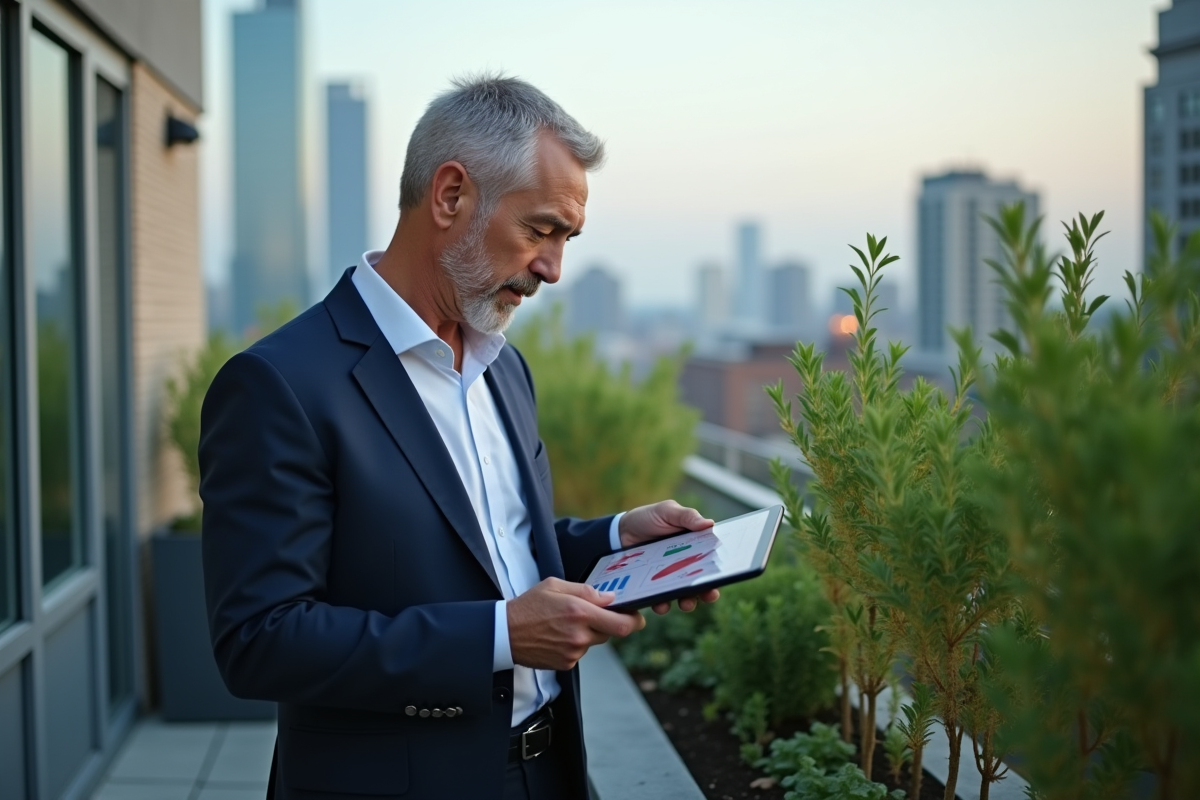 Homme en blazer regardant un tableau financier en rooftop