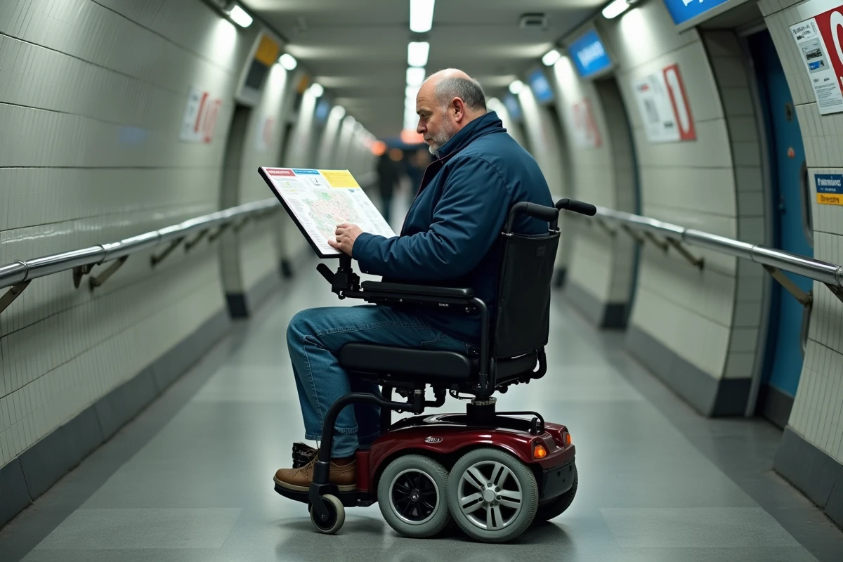 Homme en fauteuil roulant consulte un plan tactile dans le métro