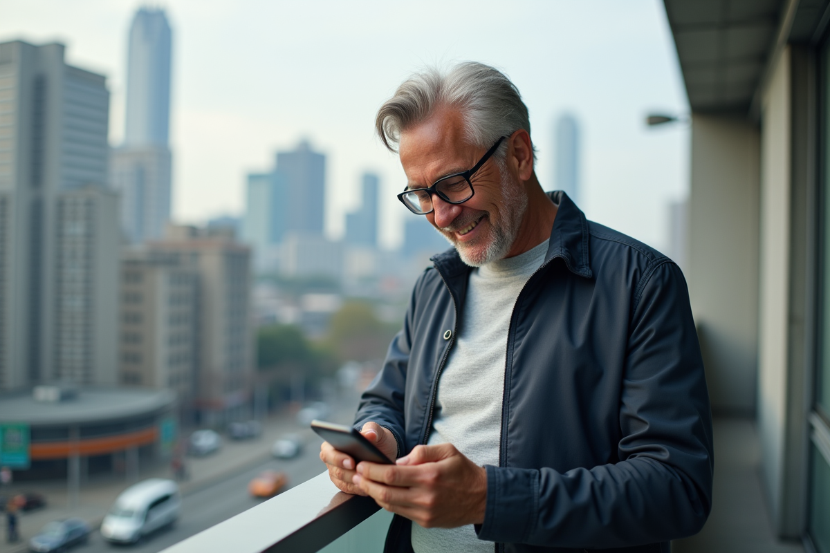 Homme souriant vérifiant son application d
