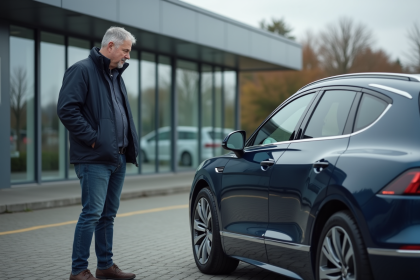 Homme d'âge moyen examine une voiture diesel moderne en concession
