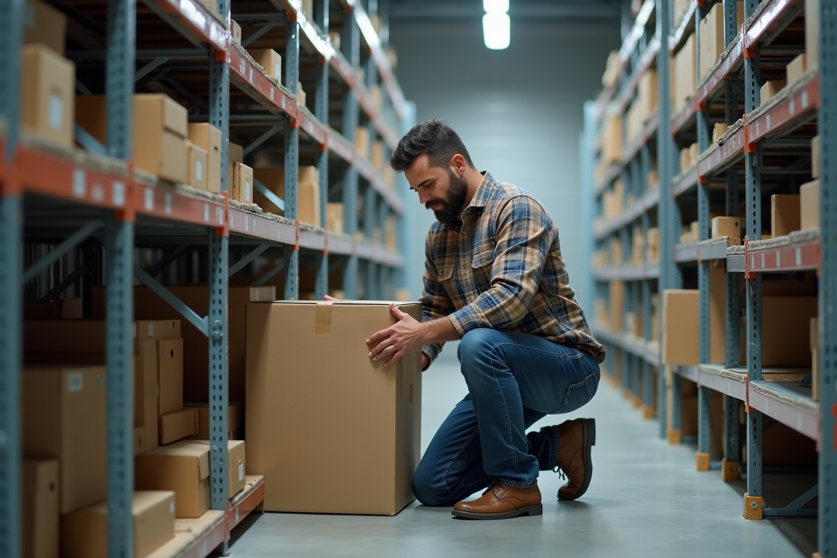 Homme organisant des cartons dans un espace de stockage intérieur