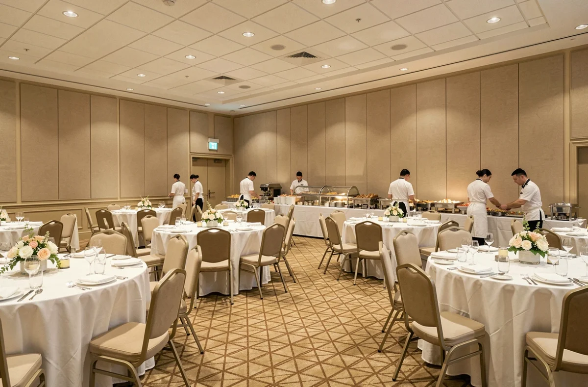 Salle de banquet de l'Hôtel Best Western Le Galice à Aix-en-Provence, tables rondes en configuration gala et personnel hôtelier en service