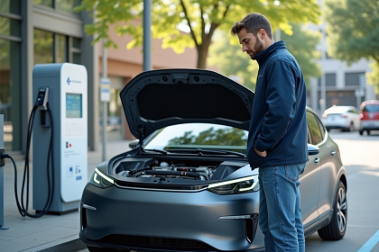 Jeune ingénieur inspectant une voiture à hydrogène en extérieur