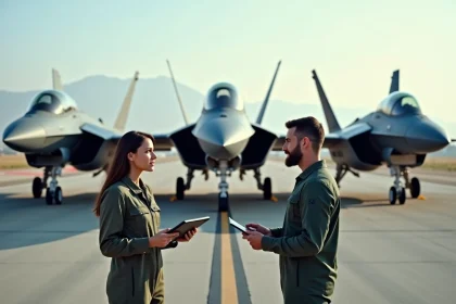 Groupe d'ing&eacute;nieurs a&eacute;ronautiques pr&egrave;s de jets de combat